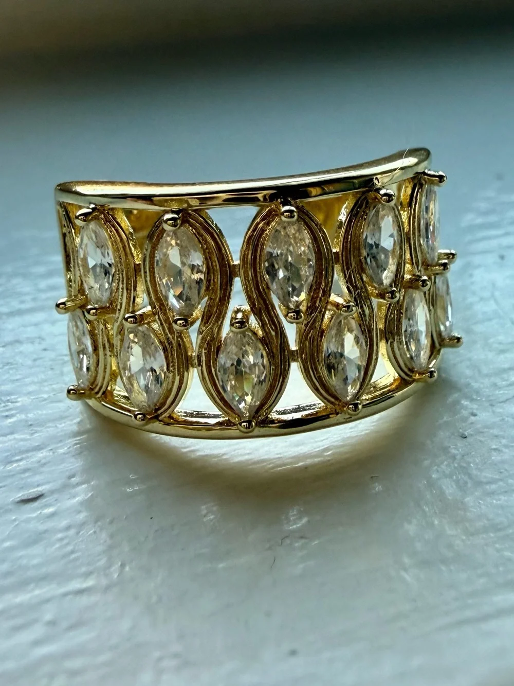 NEW!! 18k Yellow Gold Marquise Cubic Zirconia Wide Band Open Back Ring
